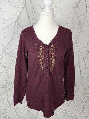 Eddie Bauer  Burgundy Embroidered Waffle Knit Thermal Henley